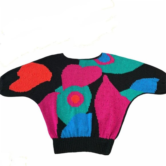 Nannell Sweaters - WoW Vintage 80s Floral Abstract Art Color Block Batwing Dolman Hand Knit Sweater